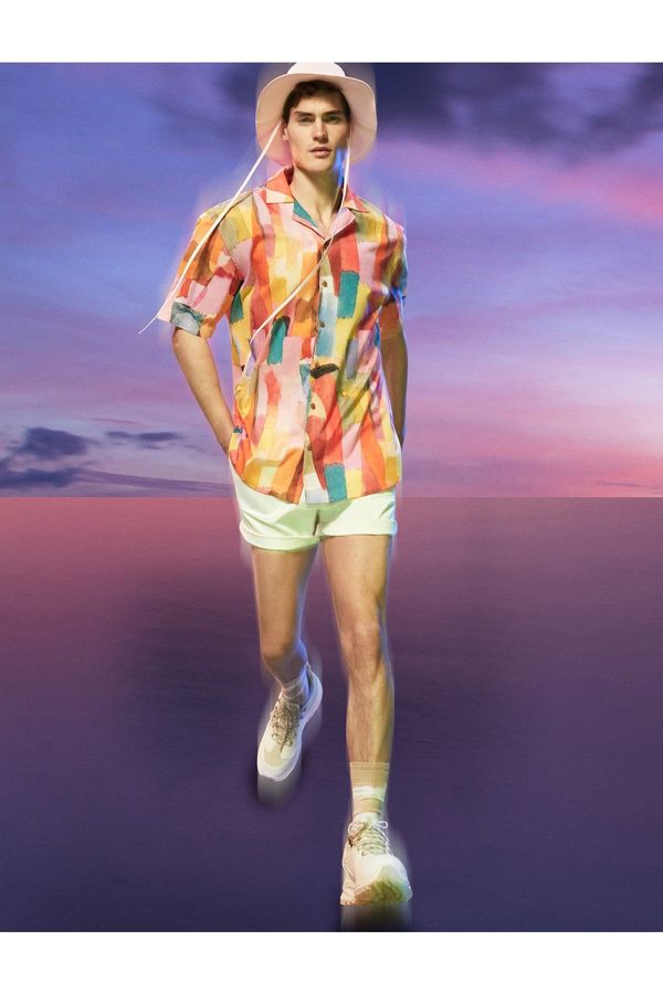 Koton Koton Summer Shirt with Short Sleeves, Turndown Collar Abstract Print Detailed.
