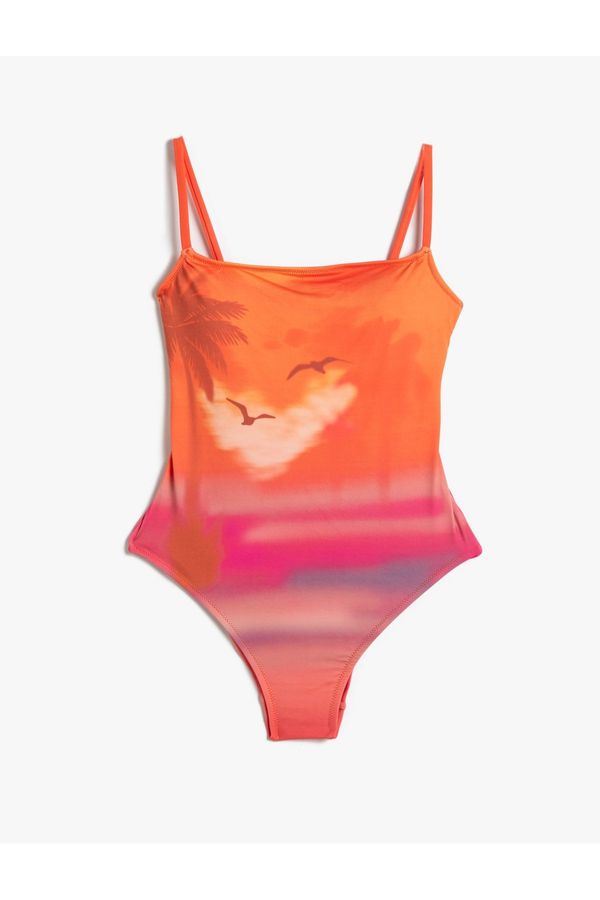 Koton Koton Tropical Printed Swimsuit Thin Strap Covered