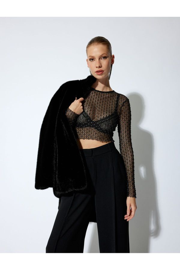 Koton Koton Tulle Crew Neck Textured Long Sleeve Slim Fit Blouse