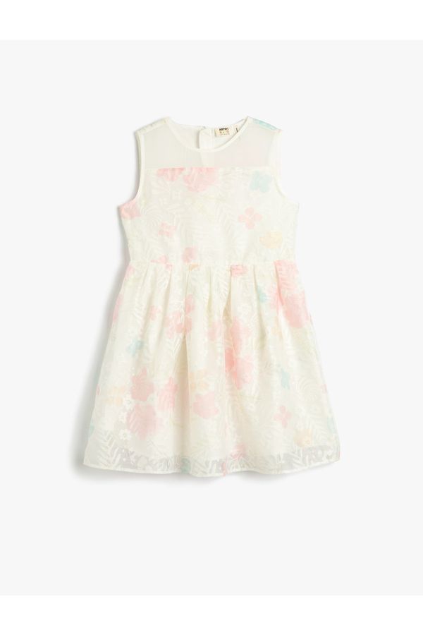 Koton Koton Tulle Floral Midi Dress, Sleeveless Round Neck Lined.