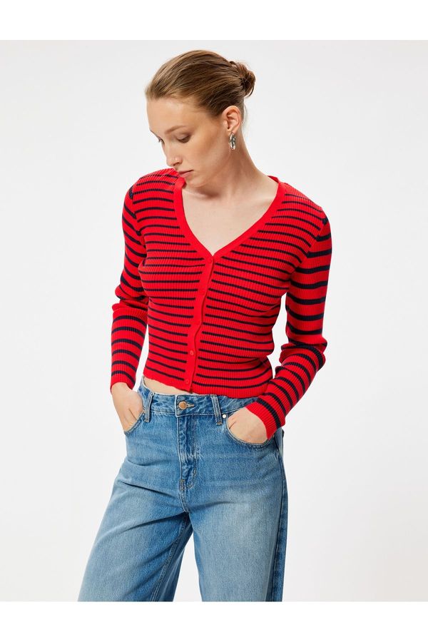 Koton Koton V Neck Ribbed Long Sleeve Buttoned Knitwear Cardigan