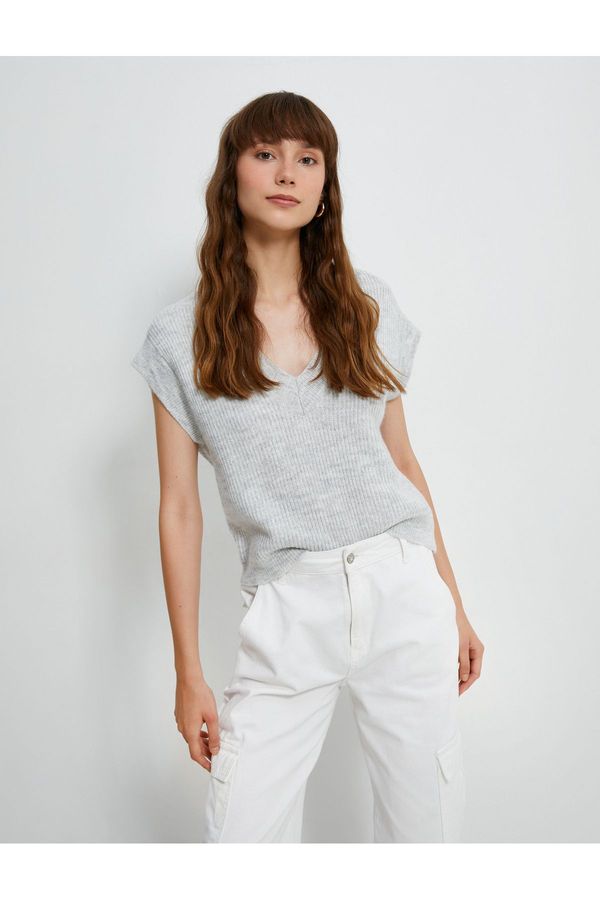 Koton Koton V-образно деколте пуловер плетене с оребрени