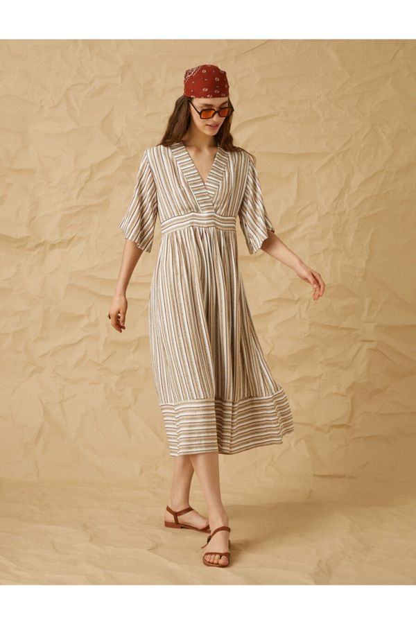 Koton Koton V-образно деколте райе дълга рокля с къси течащи ръкави