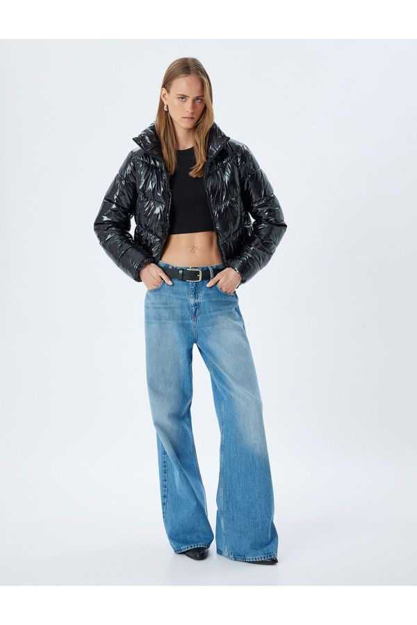 Koton Koton Water Repellent Stand Collar Shiny Short Puffer Jacket with Zipper Pockets