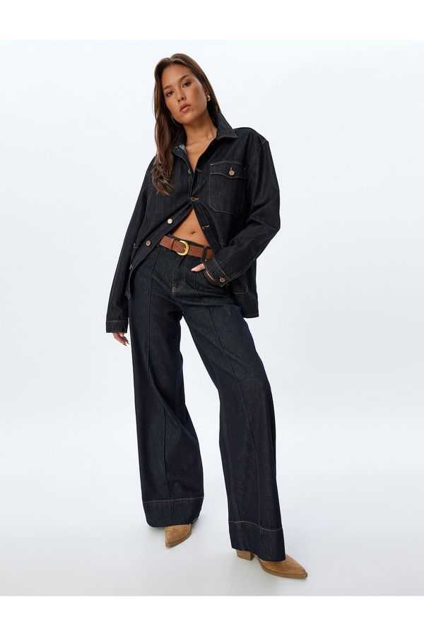 Koton Koton Wide Leg Jeans Ribbed Buttons Standard Waist Pocket - Wide Leg Jeans