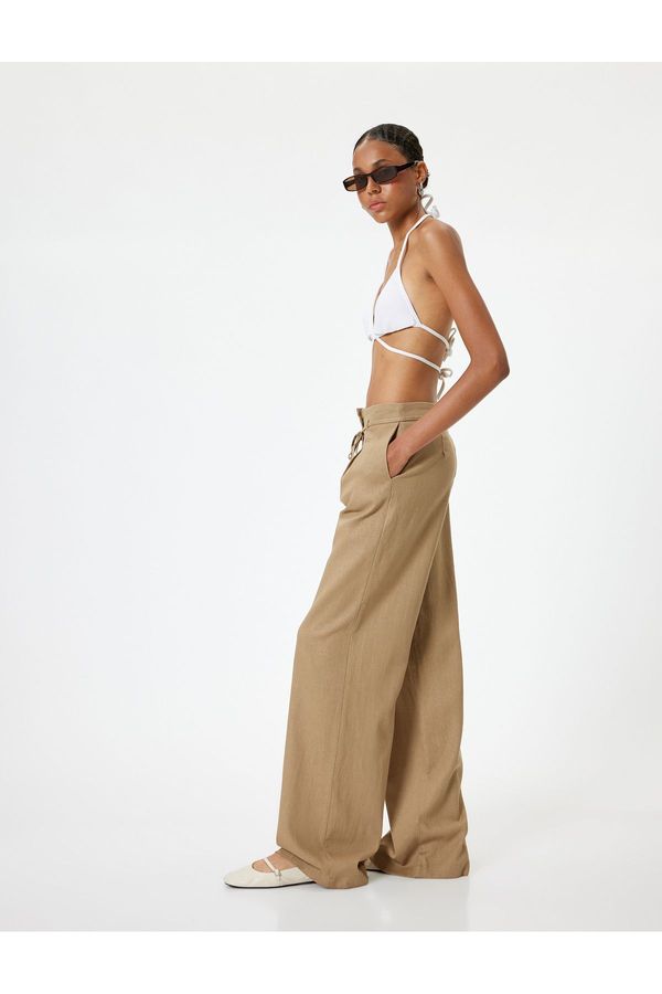 Koton Koton Wide Leg Linen Blend Standard Waist Lace Detailed Pocket Trousers