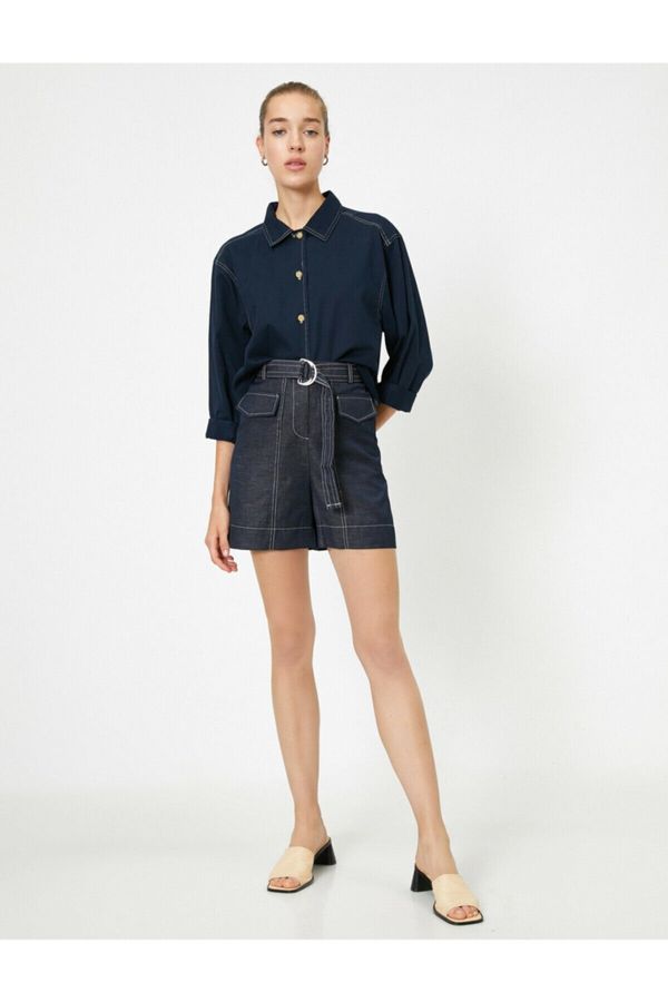 Koton Koton Women's Navy Blue Belt Detailed Shorts