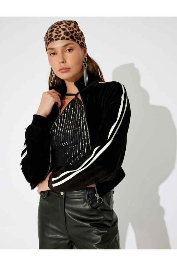 Koton Koton X Inji - Velvet Zippered Stripe Detailed Stand Collar Asymmetric Crop Sweatshirt