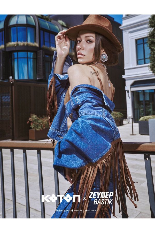 Koton Koton X Zeynep Bastık - Embroidered Denim Jacket Suede Look Tassel Pocket Detail Buttoned