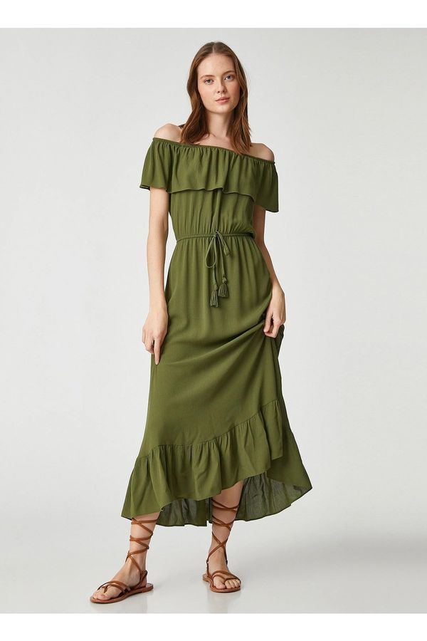 Koton Koton жените лодка врата обикновен каки Midi рокля 3sak80001pw