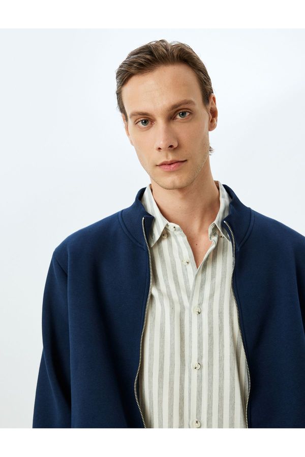 Koton Koton Zippered Cardigan Stand Collar Basic Long Sleeve Pocket Detail Raised Cotton Blend