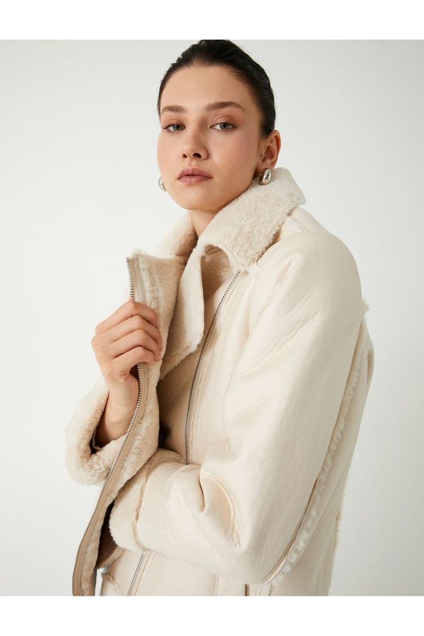 Koton Koton Zippered Pocket Comfortable Fit Faux Für Collar Faux Leather Biker Jacket