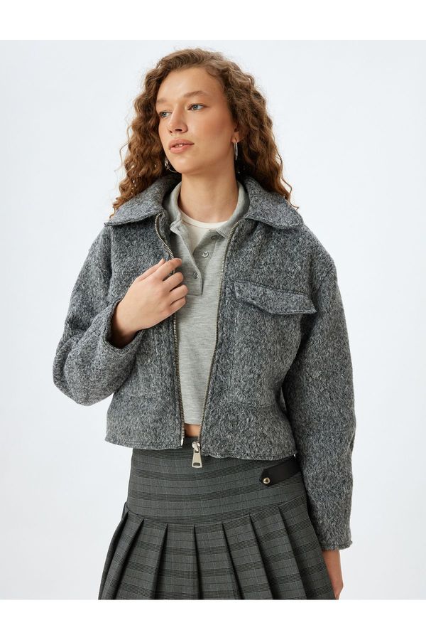 Koton Koton Zippered Pocket Detailed Classic Collar Textured Jacket