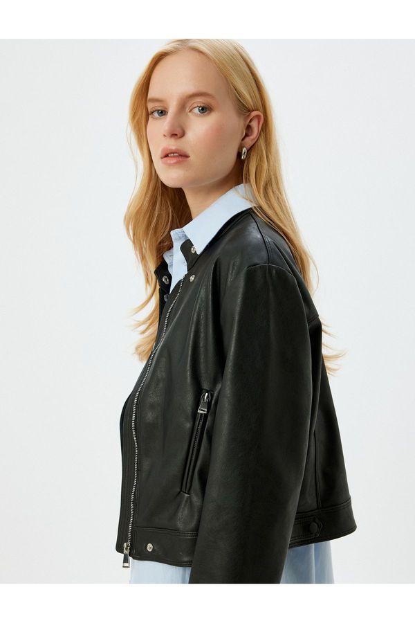 Koton Koton Zippered Pocket Stand Collar Crop Faux Leather Jacket