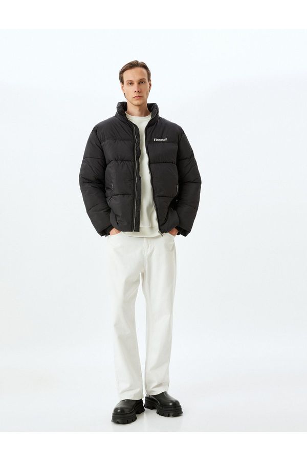 Koton Koton Zippered Slogan Printed Stand Collar Puffer Jacket