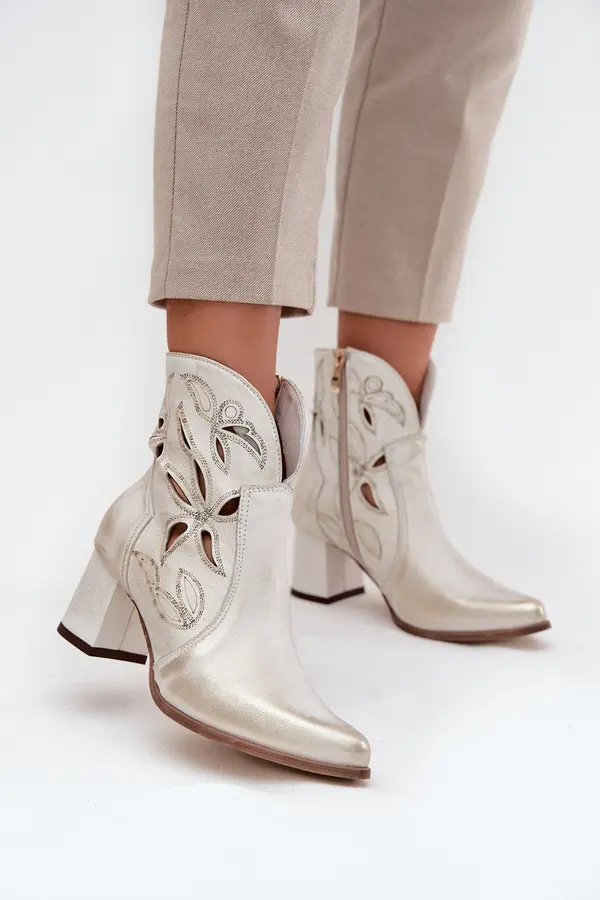 Zazoo Кожени Ажурни Дамски Ботуши На Висока Тока Zazoo 3647 Златен Избледнял