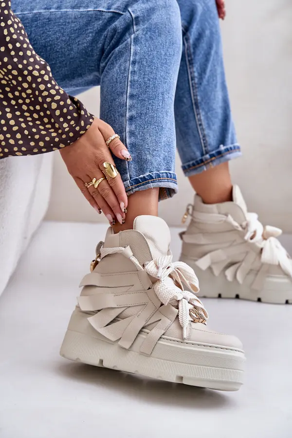 CheBello Кожени дамски кецове на масивна платформа бежови CheBello 4561