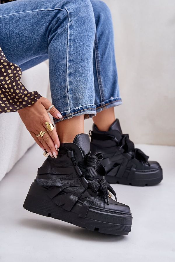 CheBello Кожени дамски кецове на масивна платформа CheBello 4561 Черни