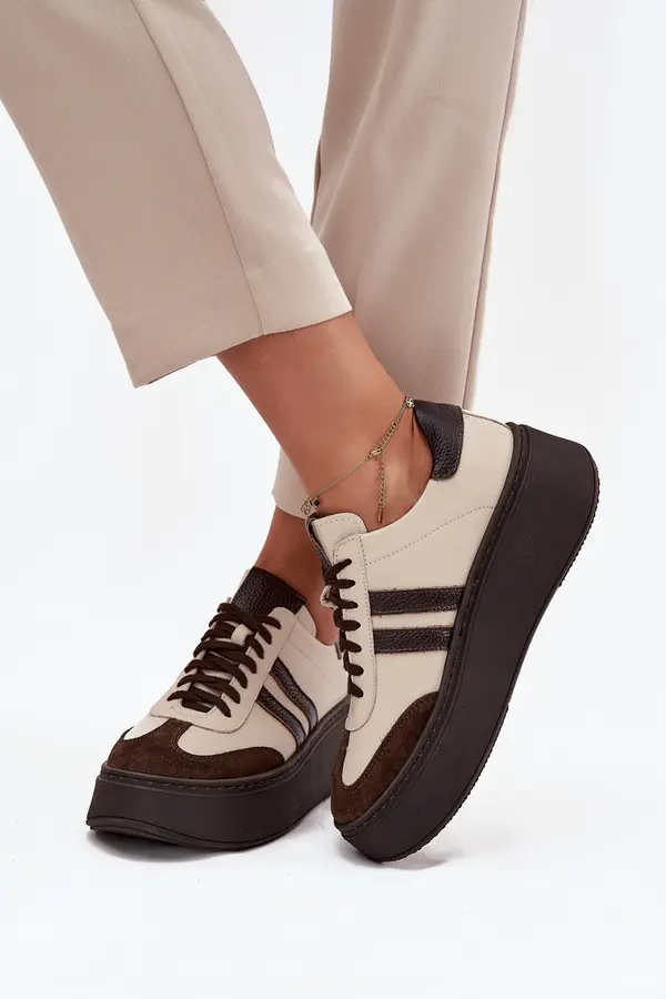 Zazoo Кожени дамски спортни обувки на платформа Zazoo 3775 бежово-кафяви