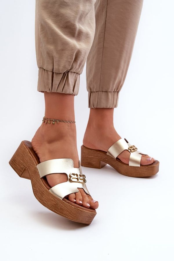 Zazoo Кожени елегантни дамски джапанки със златист орнамент Zazoo 40412