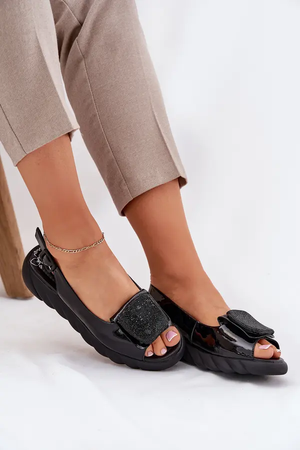 ARTIKER Кожени Лакирани Дамски Сандали На Платформа с Декорация Artiker Черни