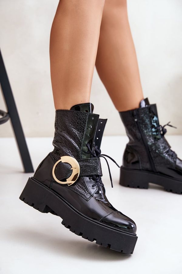 Zazoo Кожени работнически ботуши Zazoo 2942 със златна катарама Черни