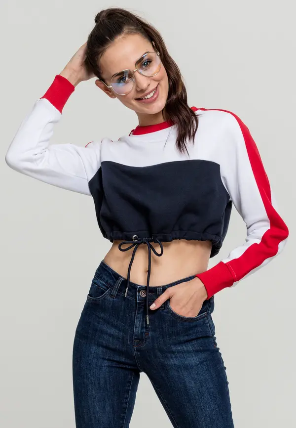 Urban Classics Ladies Cropped 3-Tone Stripe Crew Nautical/White/Fiery Red