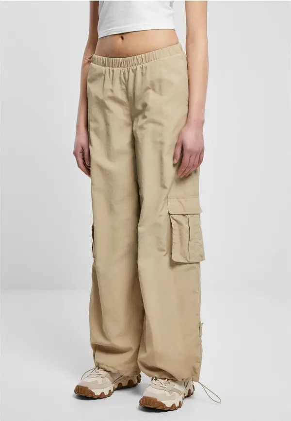Urban Classics Ladies Wide Crinkle Nylon Cargo Pants Concrete