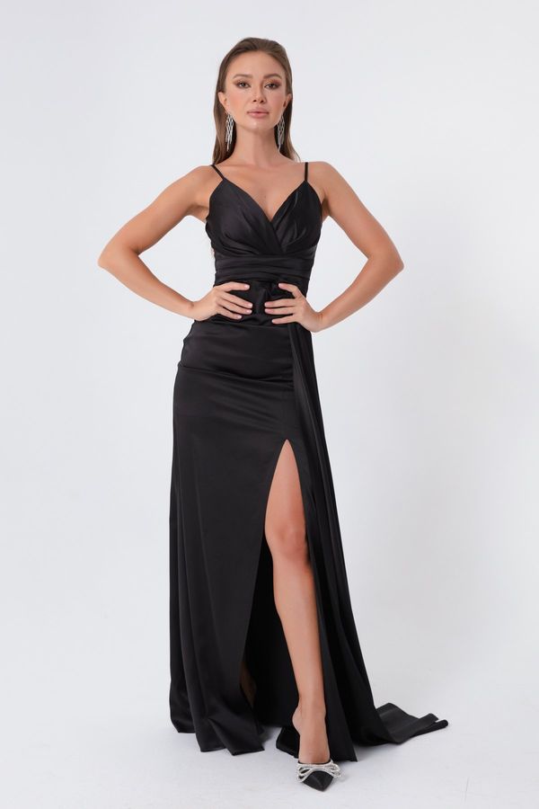 Lafaba Lafaba Дамска черна без презрамки дълга сатенена вечерна рокля & Абитуриентска рокля