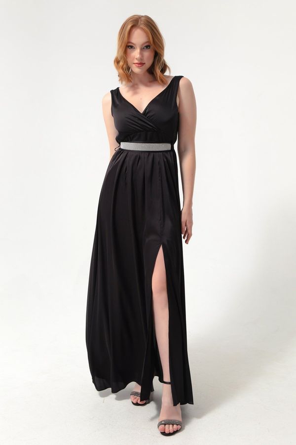 Lafaba Lafaba Дамска черна двуредна яка с камъни и колан дълга вечерна рокля.