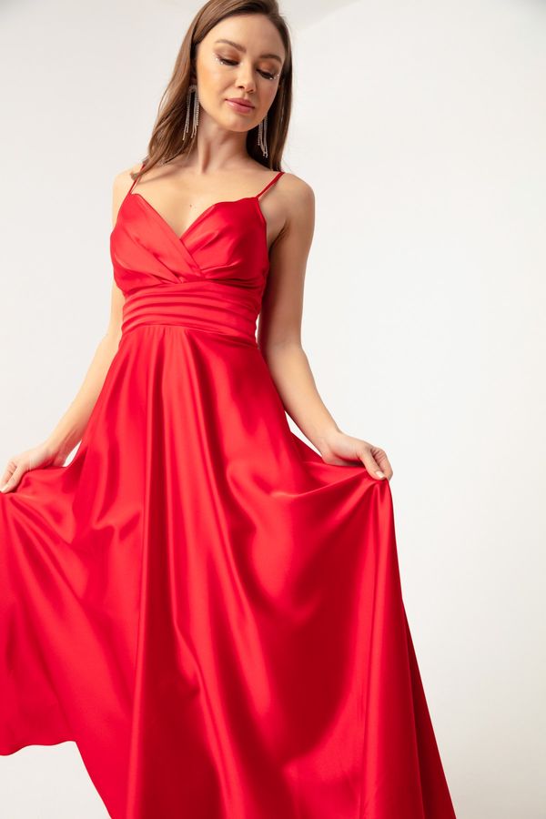 Lafaba Lafaba Дамска червена сатенена вечерна рокля Midi с презрамки и колан на талията & абитуриентски рокли