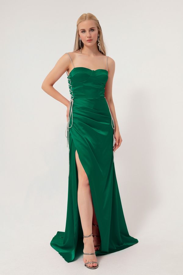 Lafaba Lafaba Дамска изумрудено зелена без презрамки дълга сатенена вечерна рокля.
