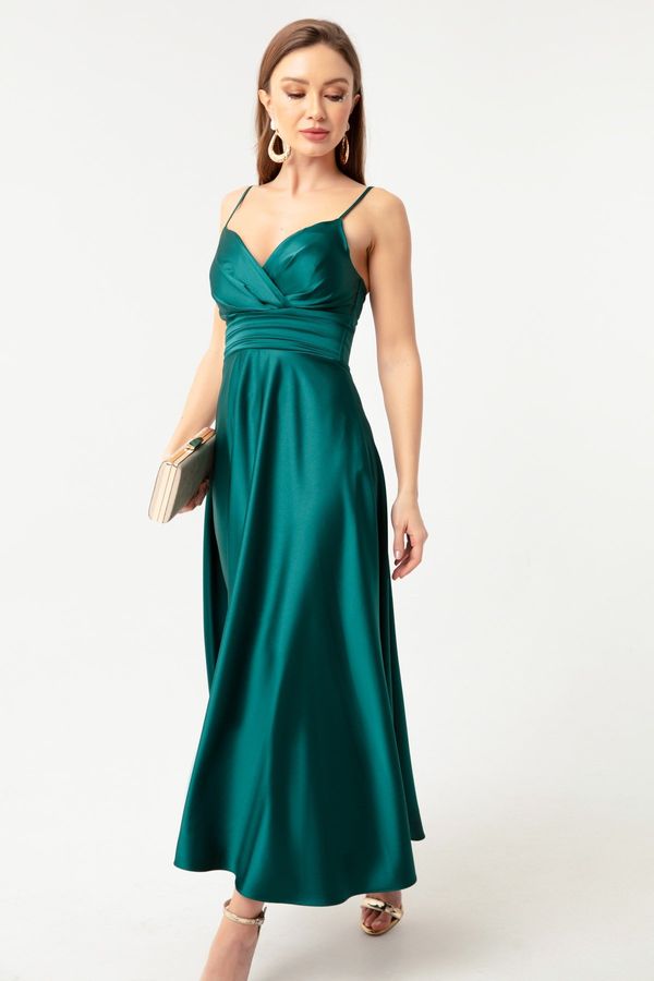 Lafaba Lafaba Дамска изумрудено зелена сатенена вечерна рокля Midi & Абитуриентска рокля с въжени презрамки и колан за кръста.