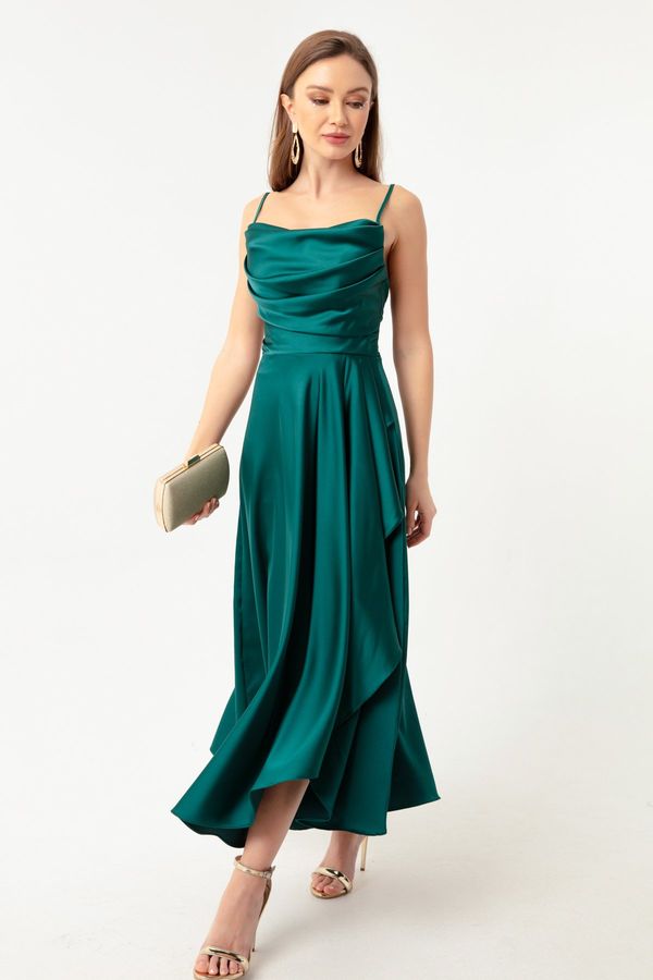 Lafaba Lafaba Дамска изумрудено зелена сатенена вечерна рокля с дължина Midi & Абитуриентска рокля с къдри и цепка.