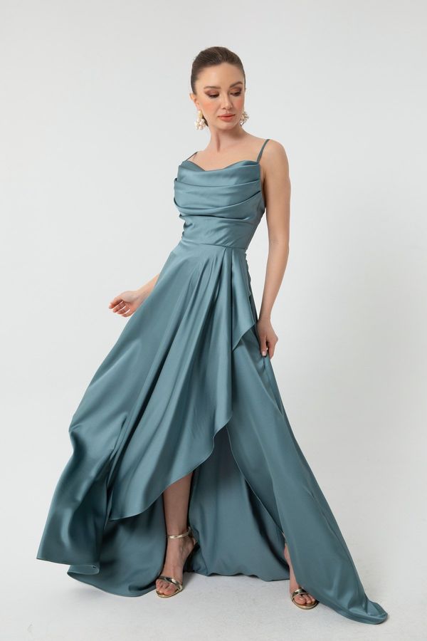 Lafaba Lafaba Дамска синя сатенена вечерна рокля с къдри и цепка