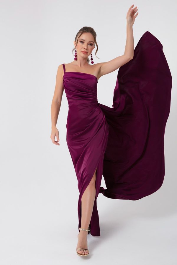 Lafaba Lafaba Дамска сливова сатенена вечерна рокля с едно рамо & Абитуриентски бал