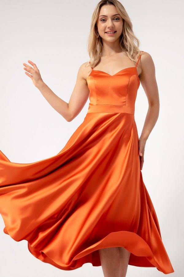 Lafaba Lafaba Дамски оранжеви тънки презрамки Midi сатенена вечерна рокля.