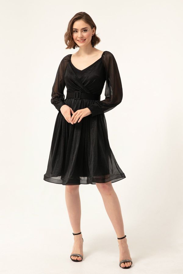 Lafaba Lafaba Дамско черно с колан, блестяща Midi вечерна рокля