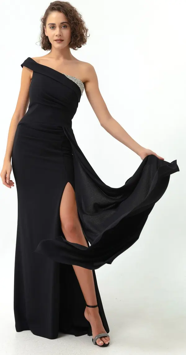 Lafaba Lafaba Women's Black One-Shoulder Long Evening Dress with Stones.
