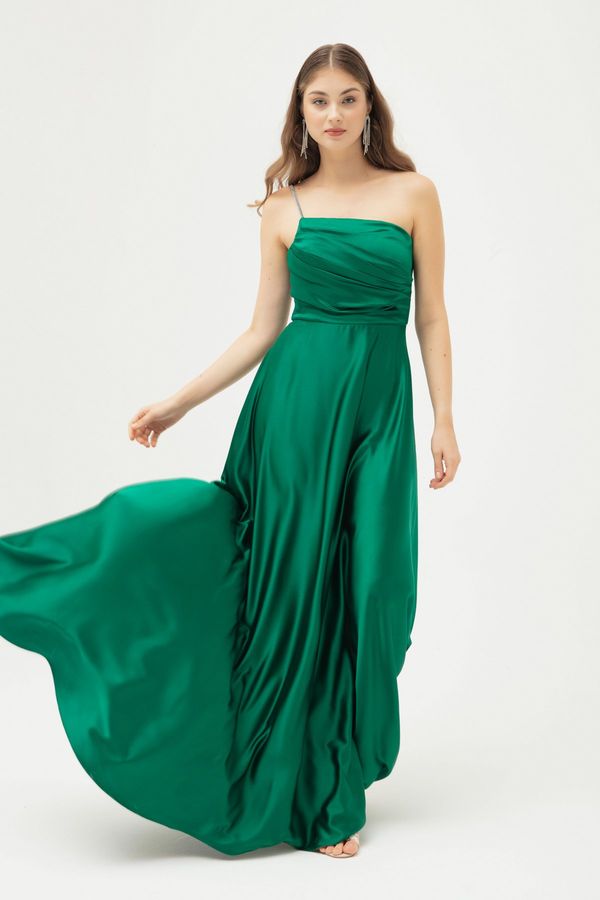 Lafaba Lafaba Women's Emerald Green Stone Strap Flared Cut Long Satin Evening Dress