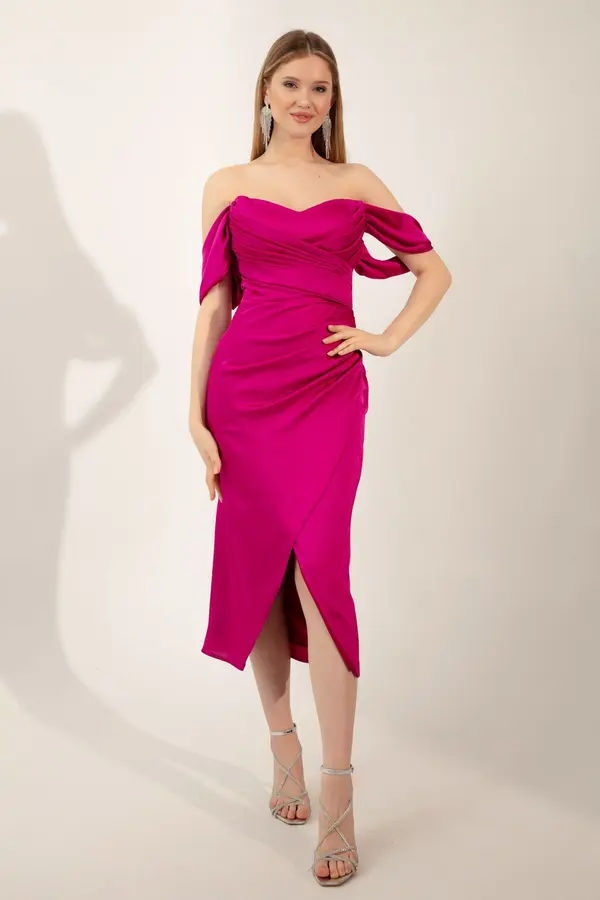 Lafaba Lafaba Women's Fuchsia Boat Neck Draped Midi Evening Dress