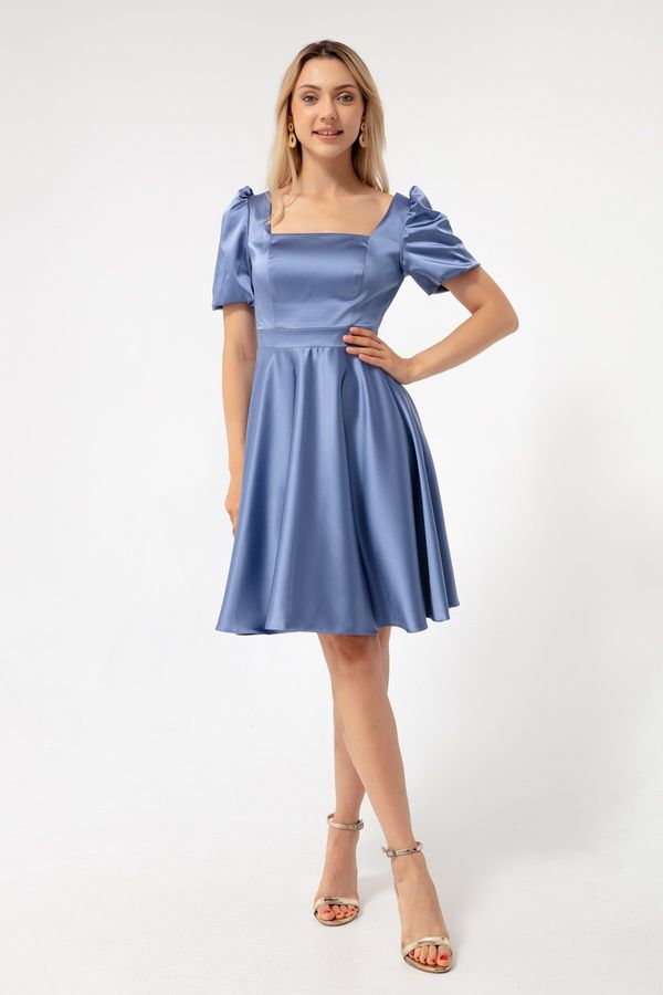 Lafaba Lafaba Women's Indigo Balloon Sleeves Flare Cut Midi Satin Evening Dress.