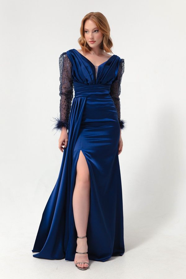 Lafaba Lafaba Women's Navy Blue V-Neck Long Evening Dress with Slits.