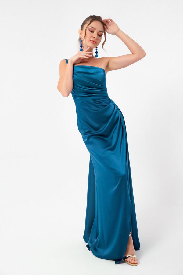 Lafaba Lafaba Women's Petrol One-Shoulder Satin Evening Dress & Prom Dress