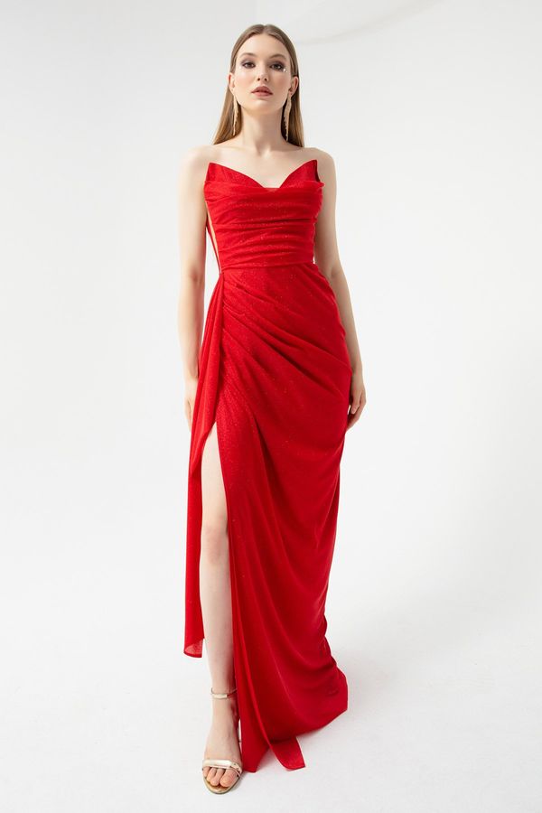 Lafaba Lafaba Women's Red Bust Draped Slit Glittery Evening Dress.