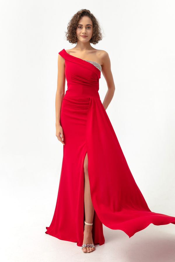 Lafaba Lafaba Women's Red One-Shoulder Long Evening Dress with Stones.