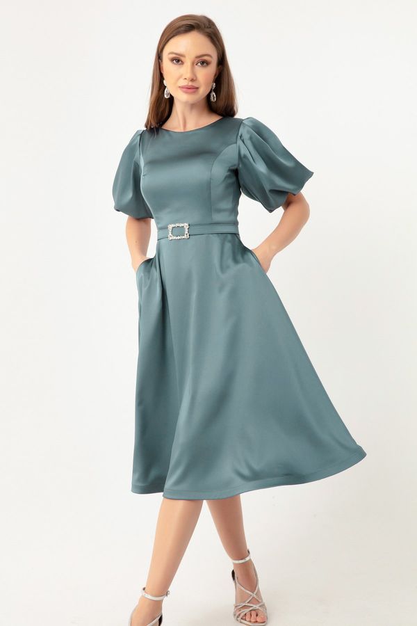 Lafaba Lafaba Women's Turquoise Balloon Sleeves Stone Belted Mini Satin Evening Dress