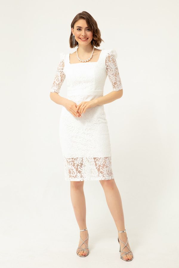Lafaba Lafaba Women's White Square Neck Lace Midi Evening Dress.