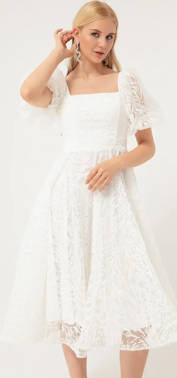 Lafaba Lafaba жените бял балон ръкав блестящ Midi вечерна рокля