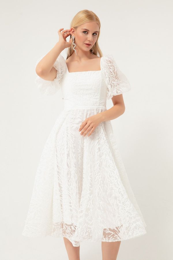 Lafaba Lafaba жените бял балон ръкав блестящ Midi вечерна рокля